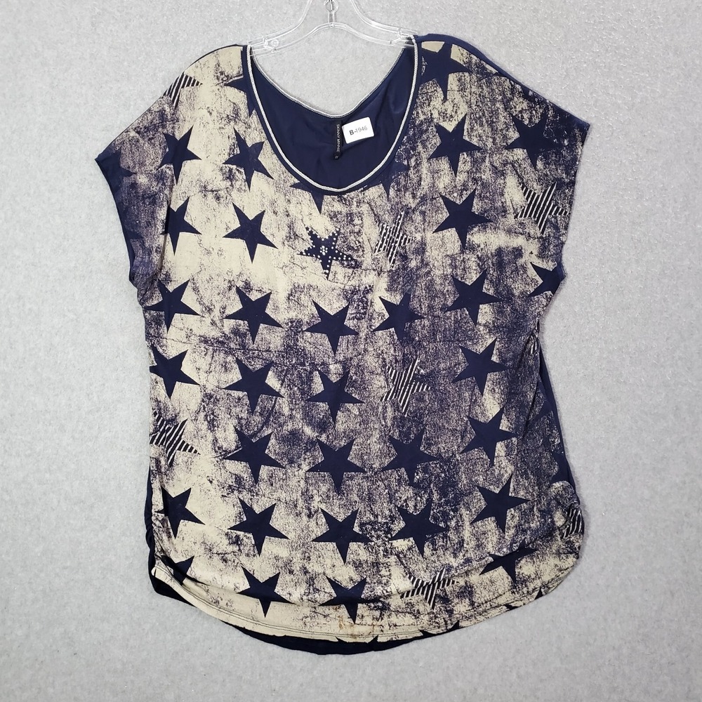 Skinny Minnie Women Top 1X Blue T-Shirt Stars Rhinestone Stretch Tee READ